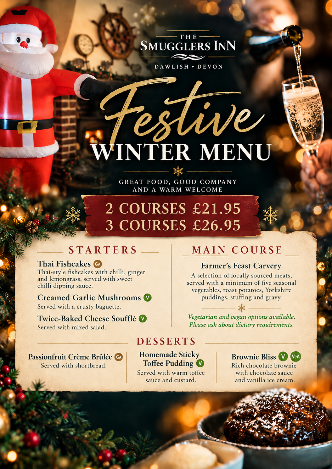 Festive Winter Menu — 2 courses £21.95, 3 courses £26.95